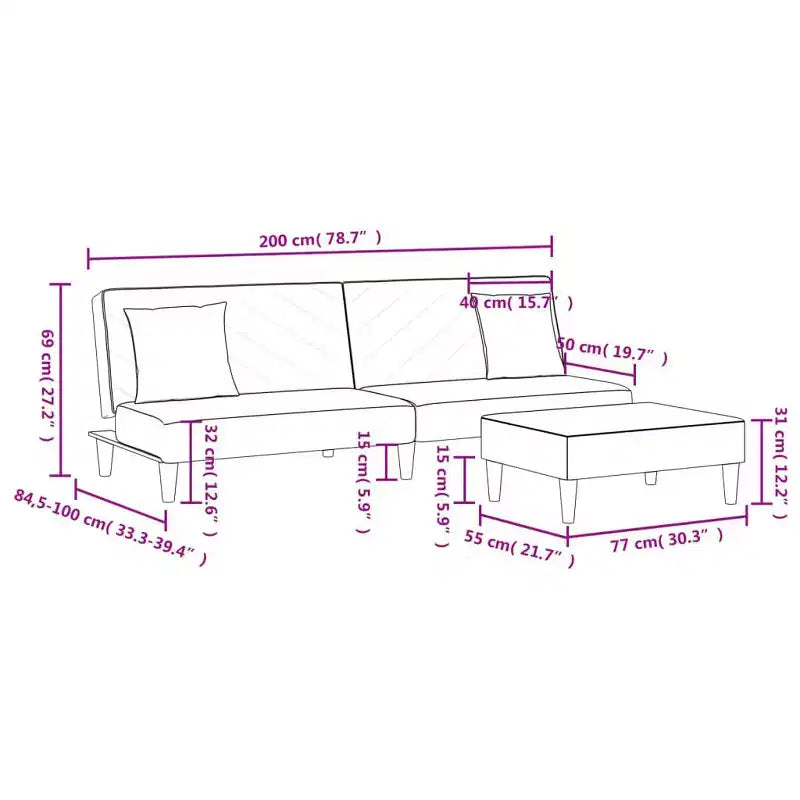 vidaXL Set Divano Letto Convertibile in Velluto Nero con Pouf e Cuscini - Daybed/Letto Singolo Moderno 2-in-1 da 200 cm per Soggiorno, Lounge