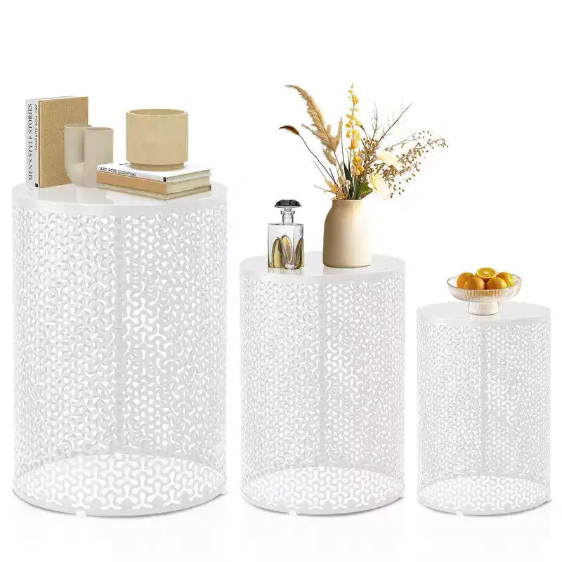 Karl Home Outdoor White Trefoil Pattern Metal Stackable Side TableSet of 3