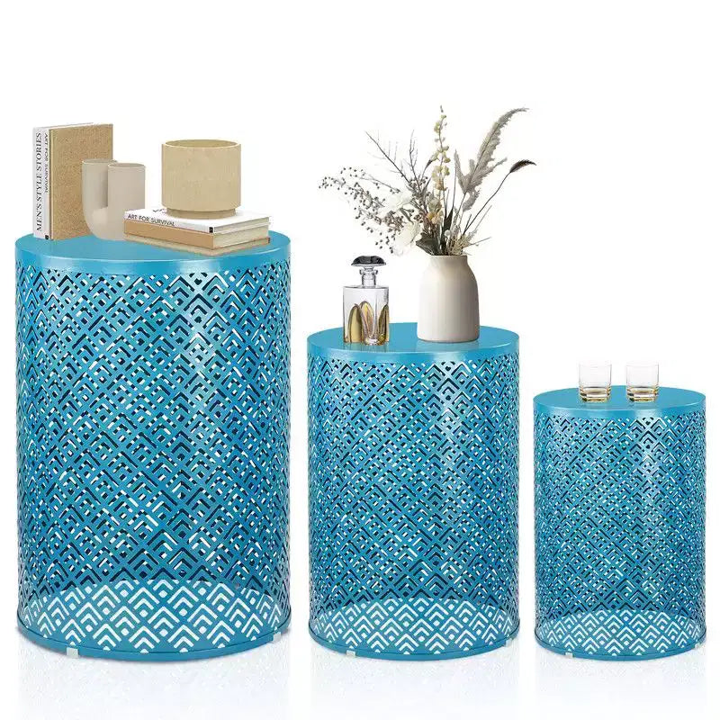 Karl Home Outdoor Blue Round Metal Stackable Side TableSet of 3
