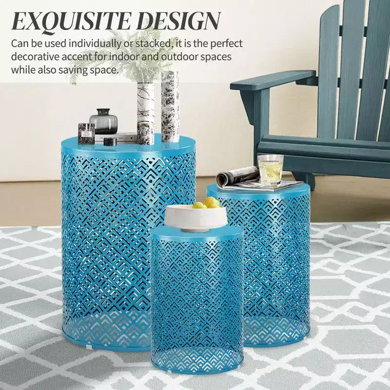 Karl Home Tavolino rotondo impilabile in metallo blu da esterno Set di 3 pezzi