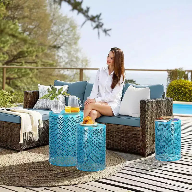 Karl Home Tavolino rotondo impilabile in metallo blu da esterno Set di 3 pezzi
