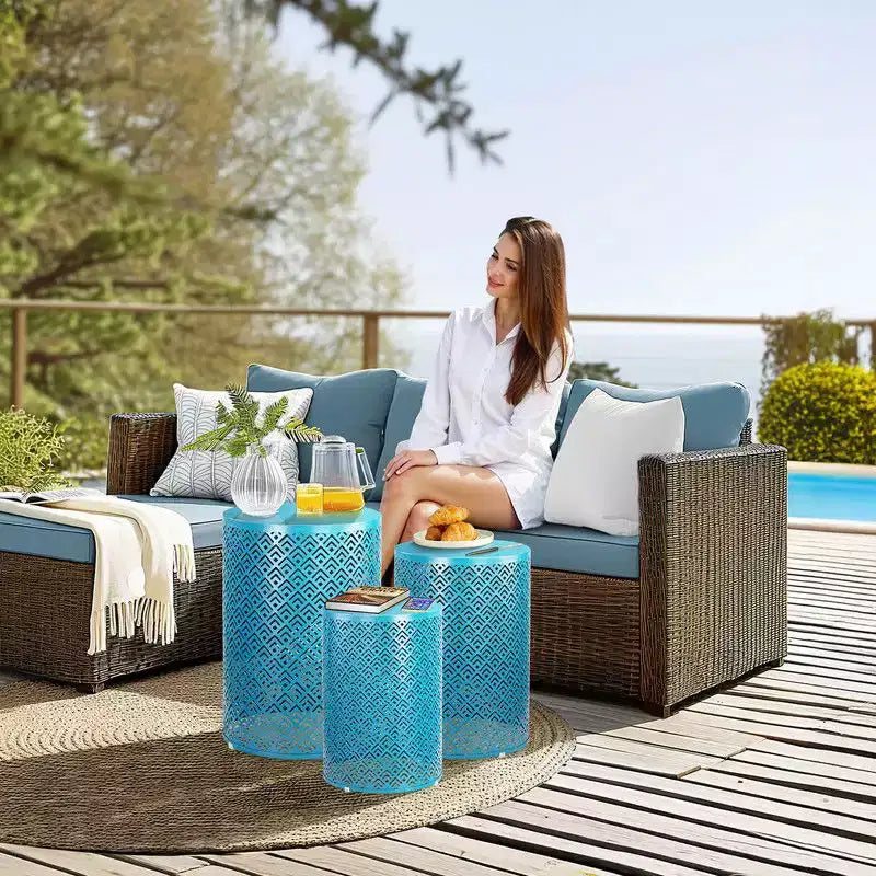 Karl Home Tavolino rotondo impilabile in metallo blu da esterno Set di 3 pezzi