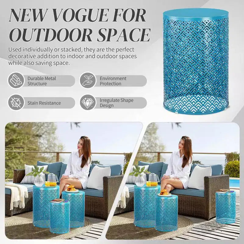 Karl Home Tavolino rotondo impilabile in metallo blu da esterno Set di 3 pezzi