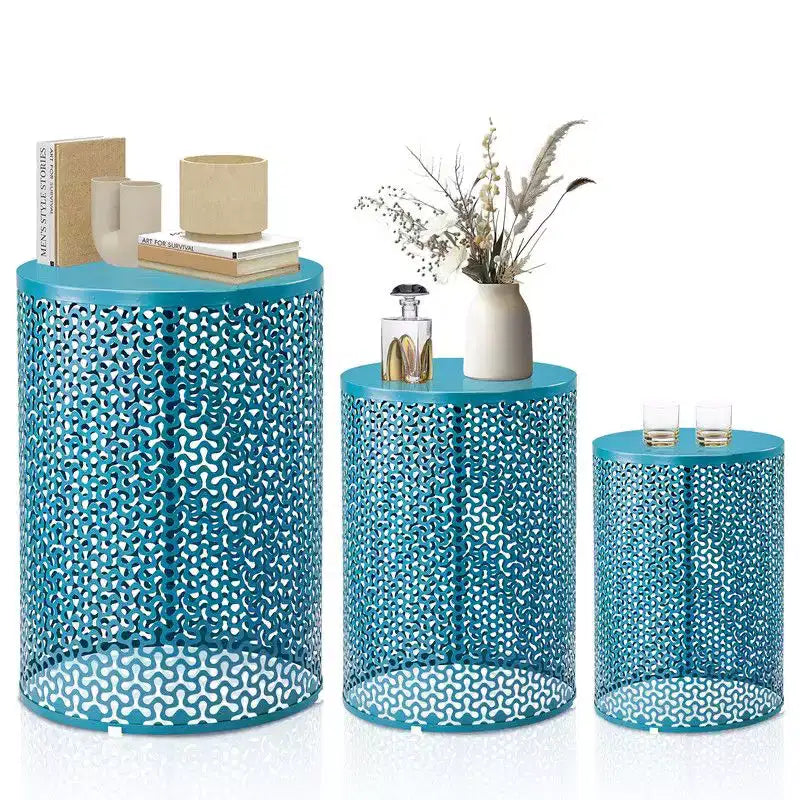 Karl Home Outdoor Blue Hollow-Carved Metal Stackable Side TableSet of 3