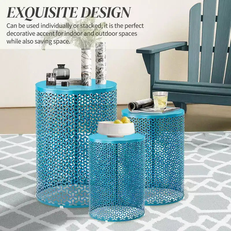 Karl Home Table d'appoint empilable en métal ajouré bleu pour l'extérieur, lot de 3