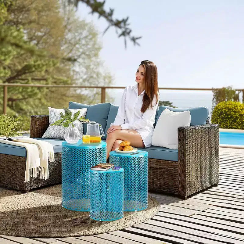 Karl Home Table d'appoint empilable en métal ajouré bleu pour l'extérieur, lot de 3