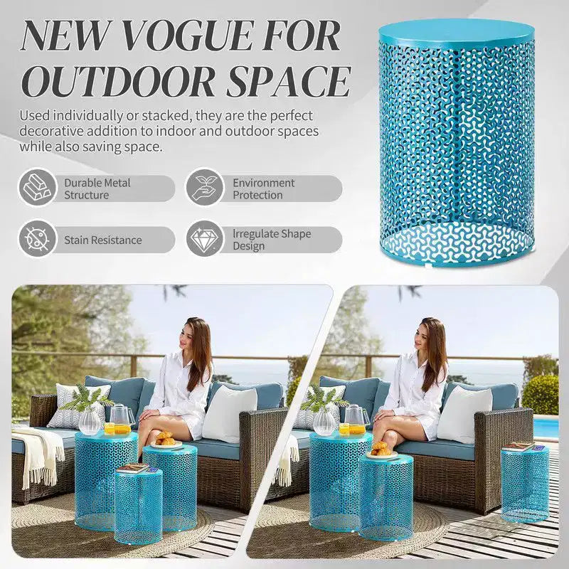 Karl Home Table d'appoint empilable en métal ajouré bleu pour l'extérieur, lot de 3