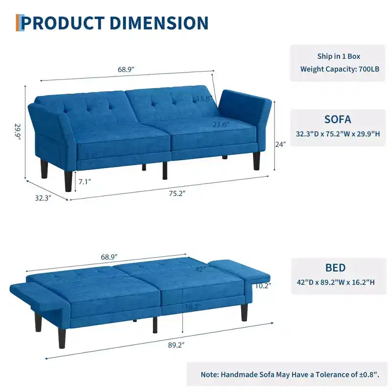 Canapé-lit futon convertible GustoWave 89 - Dossier et accoudoirs réglables pour salon, chambre ou appartement