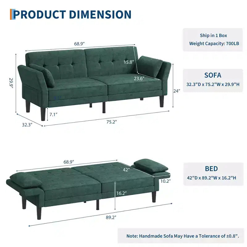 Canapé-lit futon convertible GustoWave 89 - Dossier et accoudoirs réglables pour salon, chambre ou appartement