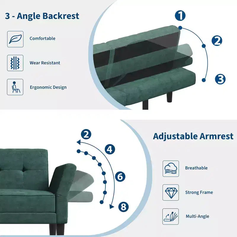 Canapé-lit futon convertible GustoWave 89 - Dossier et accoudoirs réglables pour salon, chambre ou appartement
