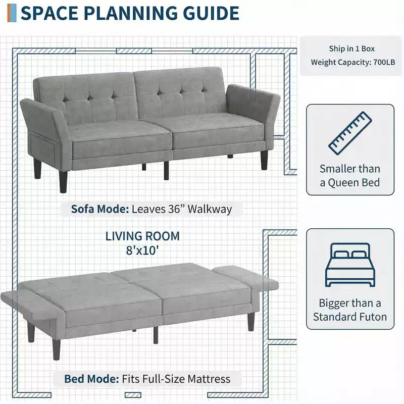 Canapé-lit futon convertible GustoWave 89 - Dossier et accoudoirs réglables pour salon, chambre ou appartement