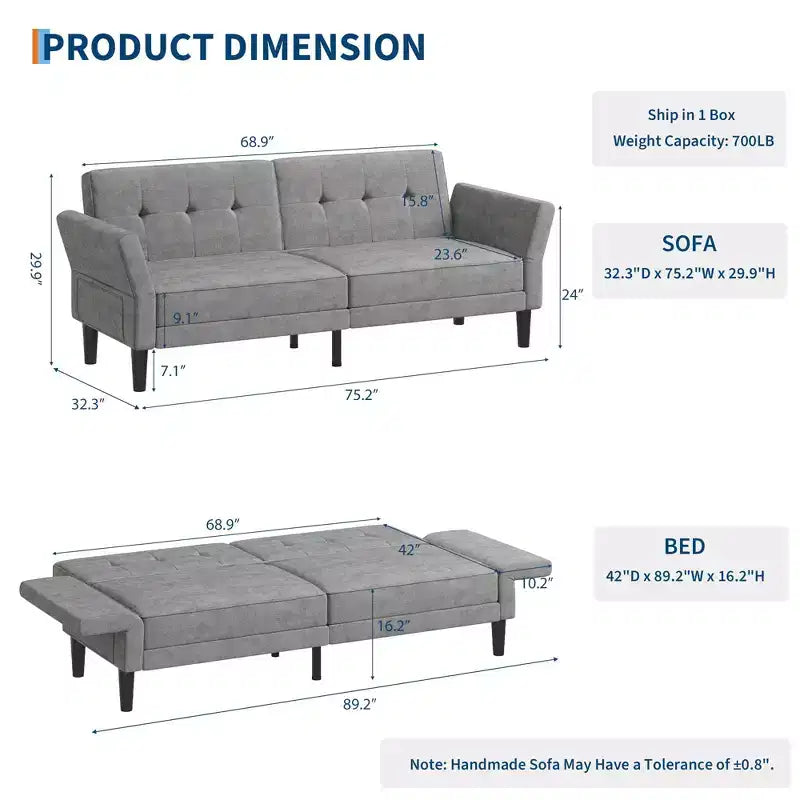 Canapé-lit futon convertible GustoWave 89 - Dossier et accoudoirs réglables pour salon, chambre ou appartement