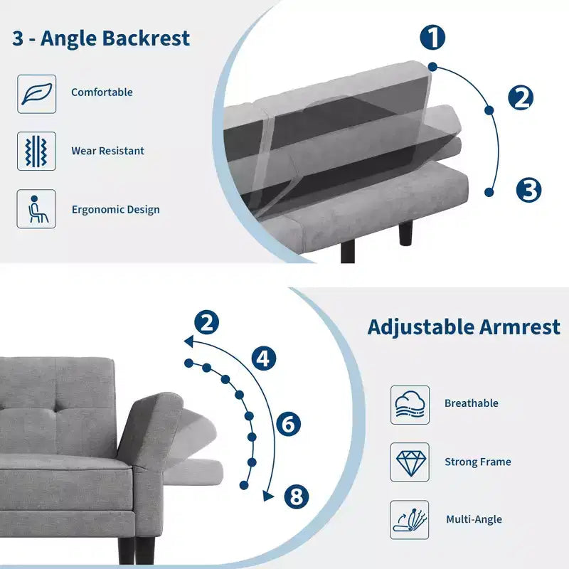 Canapé-lit futon convertible GustoWave 89 - Dossier et accoudoirs réglables pour salon, chambre ou appartement