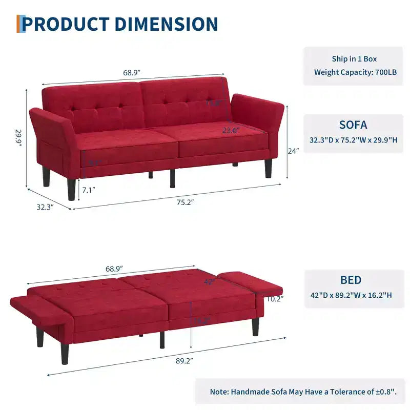 Canapé-lit futon convertible GustoWave 89 - Dossier et accoudoirs réglables pour salon, chambre ou appartement