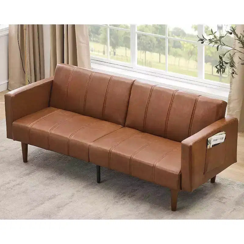 75 Divano letto futon, divano futon Mid-Century, divano letto convertibile in pelle PU con schienale regolabile, divanetto e tasche laterali per soggiorno