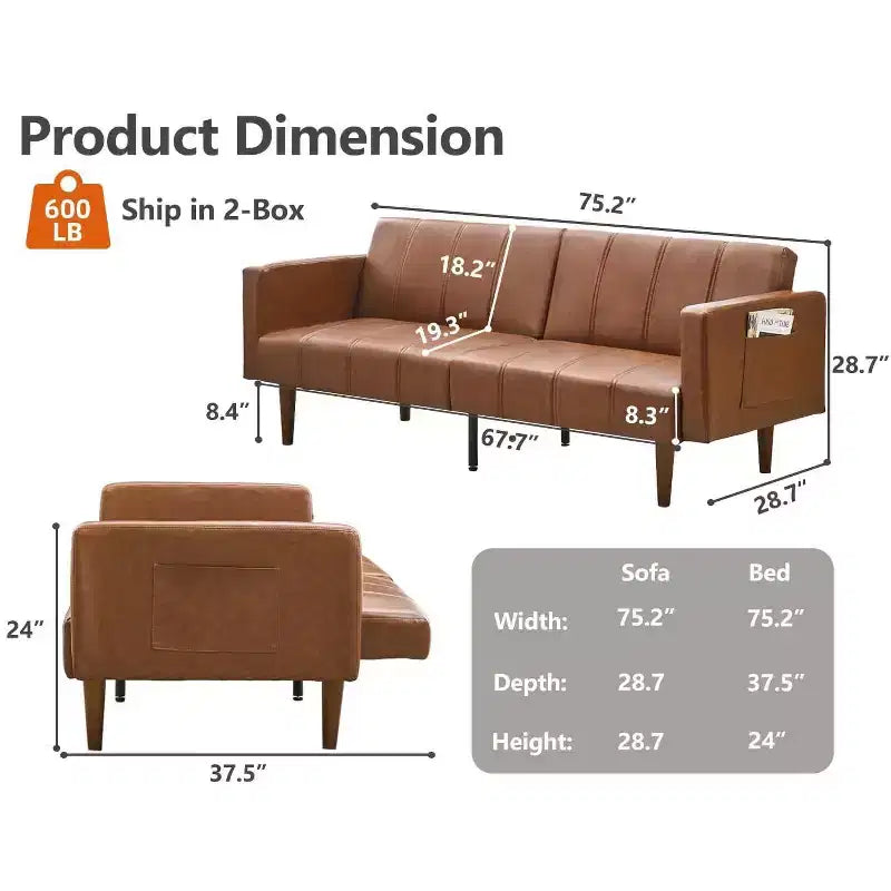 75 Divano letto futon, divano futon Mid-Century, divano letto convertibile in pelle PU con schienale regolabile, divanetto e tasche laterali per soggiorno