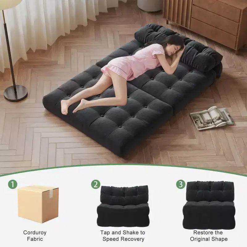 GustoWave Canapé-Lit Pliant 203 cm avec Oreiller, Futon Canapé-Lit, Matelas Pliable Support Dorsal, Canapé Portable Pliant, Velours Côtelé