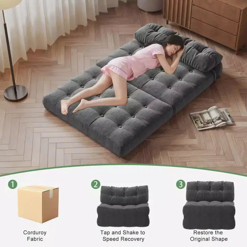 GustoWave Canapé-Lit Pliant 203 cm avec Oreiller, Futon Canapé-Lit, Matelas Pliable Support Dorsal, Canapé Portable Pliant, Velours Côtelé