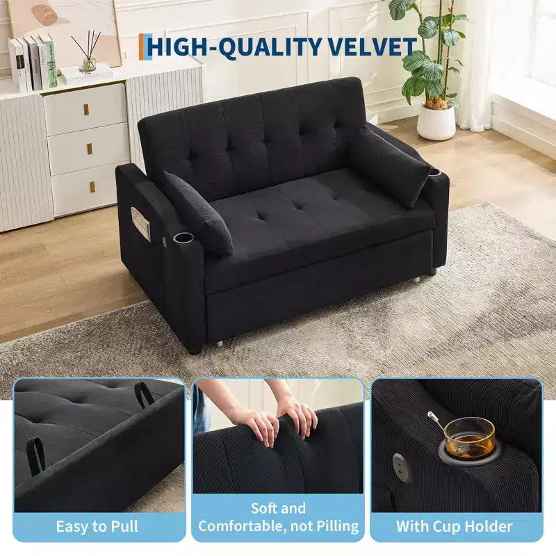 Canapé-lit convertible Futon GustoWave, Causeuse gigogne en velours côtelé pour petits espaces, Meuble canapé compact 3 en 1
