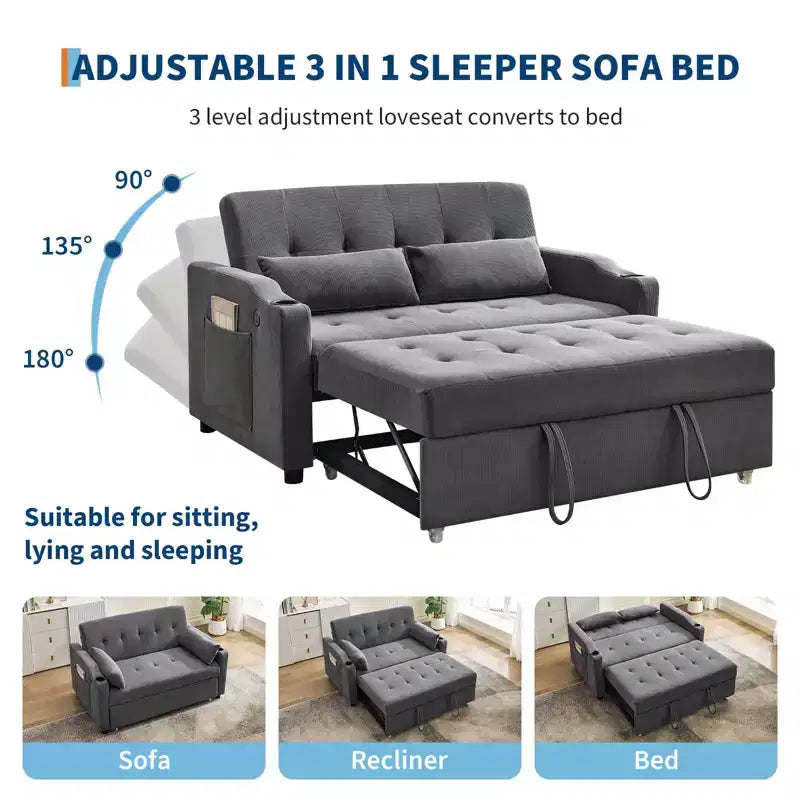 Canapé-lit convertible Futon GustoWave, Causeuse gigogne en velours côtelé pour petits espaces, Meuble canapé compact 3 en 1
