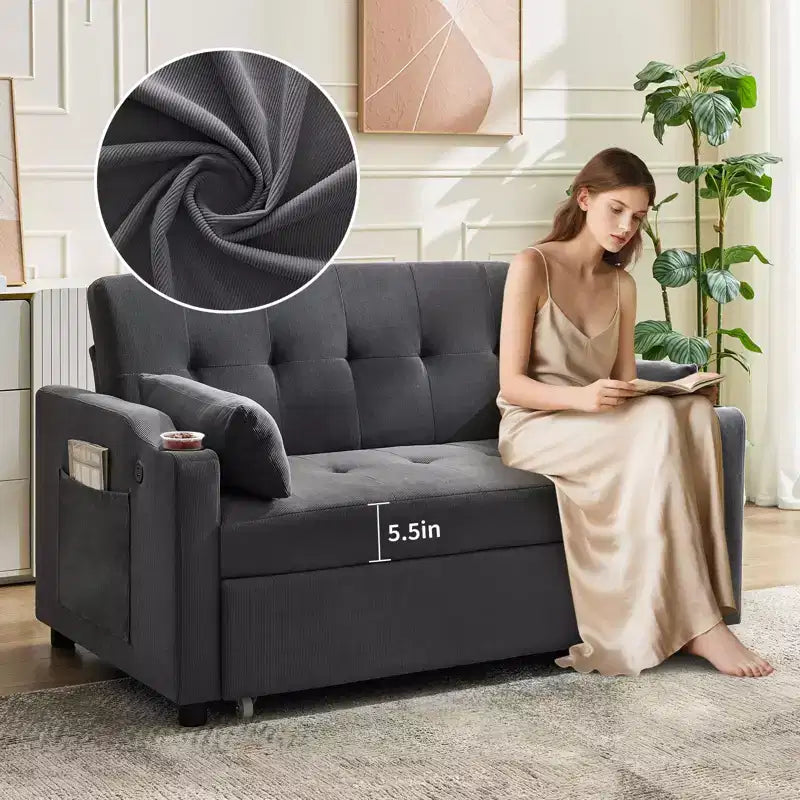 Canapé-lit convertible Futon GustoWave, Causeuse gigogne en velours côtelé pour petits espaces, Meuble canapé compact 3 en 1