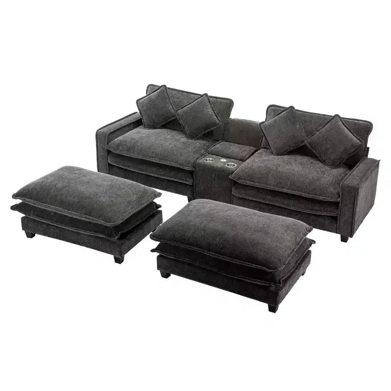 CLIHOME 112.6 Divano Sezionale in ciniglia con Due Pouf Rimovibili e Grande Contenitore