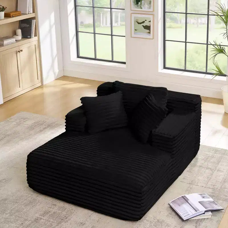 Divano letto con chaise longue moderno e comodo Okak con cuscini, divano futon imbottito in velluto a coste con seduta profonda per soggiorno