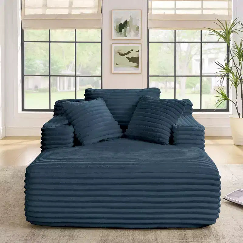 Divano letto con chaise longue moderno e comodo Okak con cuscini, divano futon imbottito in velluto a coste con seduta profonda per soggiorno