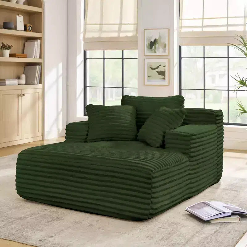 Divano letto con chaise longue moderno e comodo Okak con cuscini, divano futon imbottito in velluto a coste con seduta profonda per soggiorno