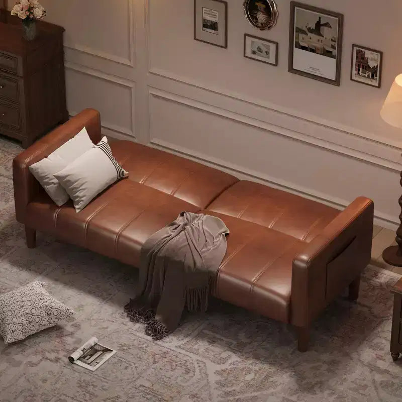75 Divano letto futon, convertibile, piccolo divano in ecopelle, divanetto, divano moderno di metà secolo per soggiorno, camera da letto, marrone