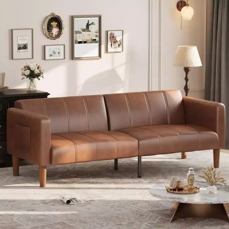 75 Divano letto futon, convertibile, piccolo divano in ecopelle, divanetto, divano moderno di metà secolo per soggiorno, camera da letto, marrone