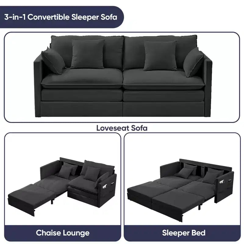 Mjkone 77.95'' Divanetto Convertibile 3 in 1 in Velluto di Seta con Tasche Laterali, Trasformabile in Chaise Longue/Letto Estraibile
