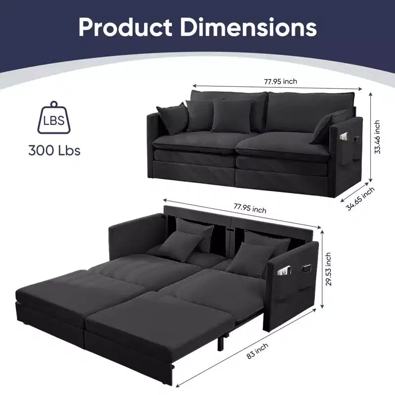 Mjkone 77.95'' Divanetto Convertibile 3 in 1 in Velluto di Seta con Tasche Laterali, Trasformabile in Chaise Longue/Letto Estraibile