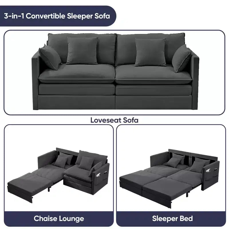 Mjkone 77.95'' Divanetto Convertibile 3 in 1 in Velluto di Seta con Tasche Laterali, Trasformabile in Chaise Longue/Letto Estraibile