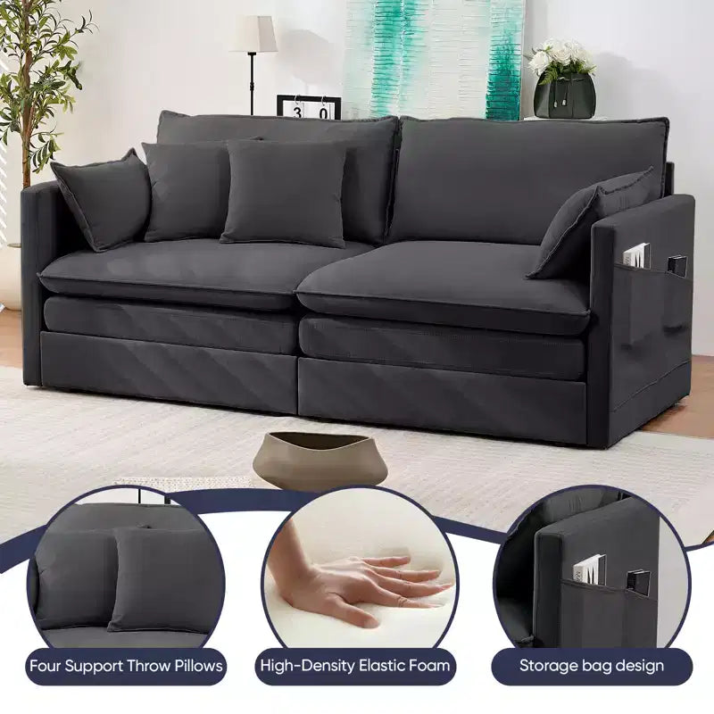 Mjkone 77.95'' Divanetto Convertibile 3 in 1 in Velluto di Seta con Tasche Laterali, Trasformabile in Chaise Longue/Letto Estraibile