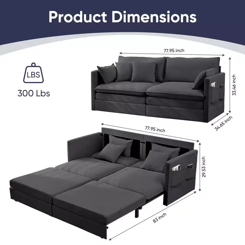 Mjkone 77.95'' Divanetto Convertibile 3 in 1 in Velluto di Seta con Tasche Laterali, Trasformabile in Chaise Longue/Letto Estraibile