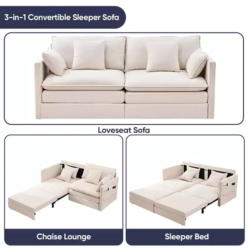 Mjkone 77.95'' Divanetto Convertibile 3 in 1 in Velluto di Seta con Tasche Laterali, Trasformabile in Chaise Longue/Letto Estraibile
