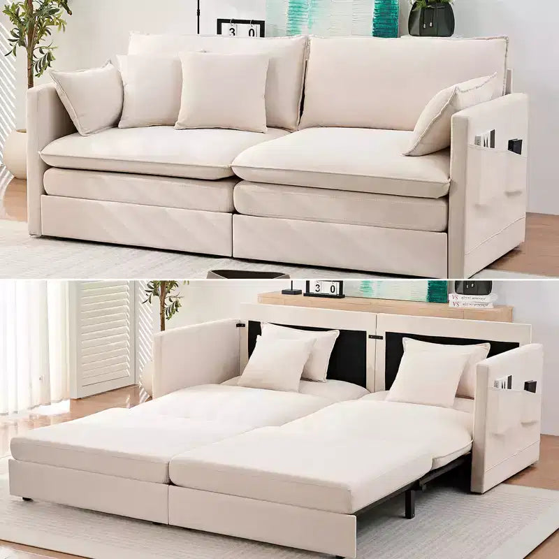 Mjkone 77.95'' Divanetto Convertibile 3 in 1 in Velluto di Seta con Tasche Laterali, Trasformabile in Chaise Longue/Letto Estraibile