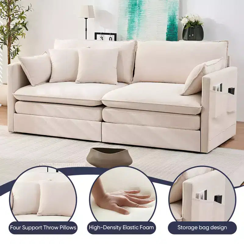Mjkone 77.95'' Divanetto Convertibile 3 in 1 in Velluto di Seta con Tasche Laterali, Trasformabile in Chaise Longue/Letto Estraibile