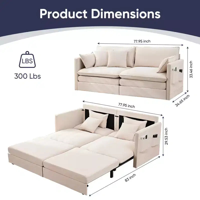 Mjkone 77.95'' Divanetto Convertibile 3 in 1 in Velluto di Seta con Tasche Laterali, Trasformabile in Chaise Longue/Letto Estraibile
