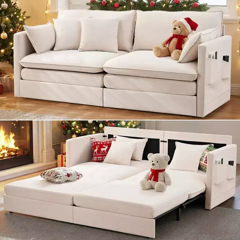 Mjkone 77.95'' lce Velvet 3-in-1 Convertible Loveseat Sleeper Sofa Bed with Side Pockets,Pull Out into Chaise Lounge/Sleeper Bed