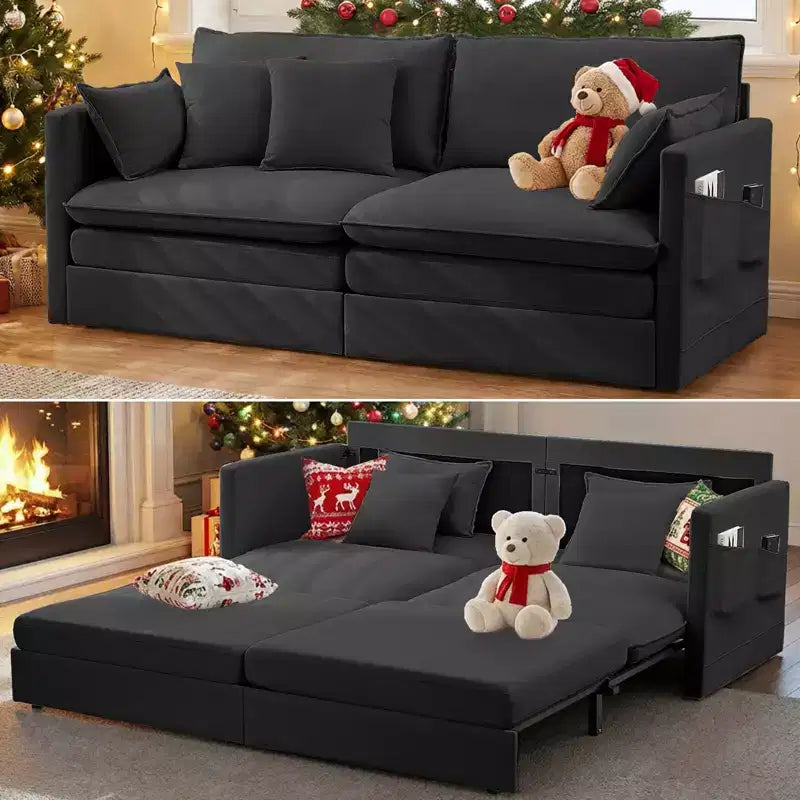 Mjkone 77.95'' Divanetto Convertibile 3 in 1 in Velluto di Seta con Tasche Laterali, Trasformabile in Chaise Longue/Letto Estraibile