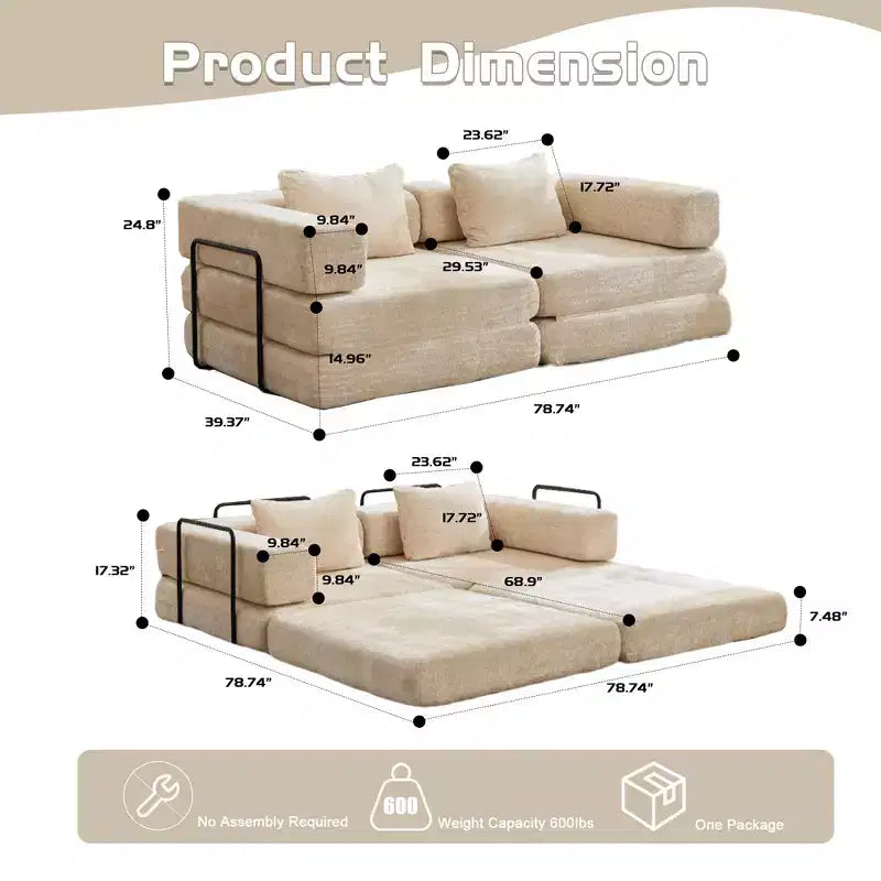 Canapé-lit convertible au sol Whisen avec cadre fixe, causeuses modulaires sans ossature en tissu chenille