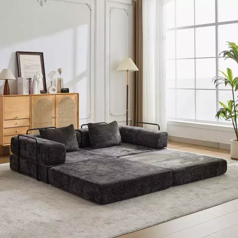 Canapé-lit convertible au sol Whisen avec cadre fixe, causeuses modulaires sans ossature en tissu chenille