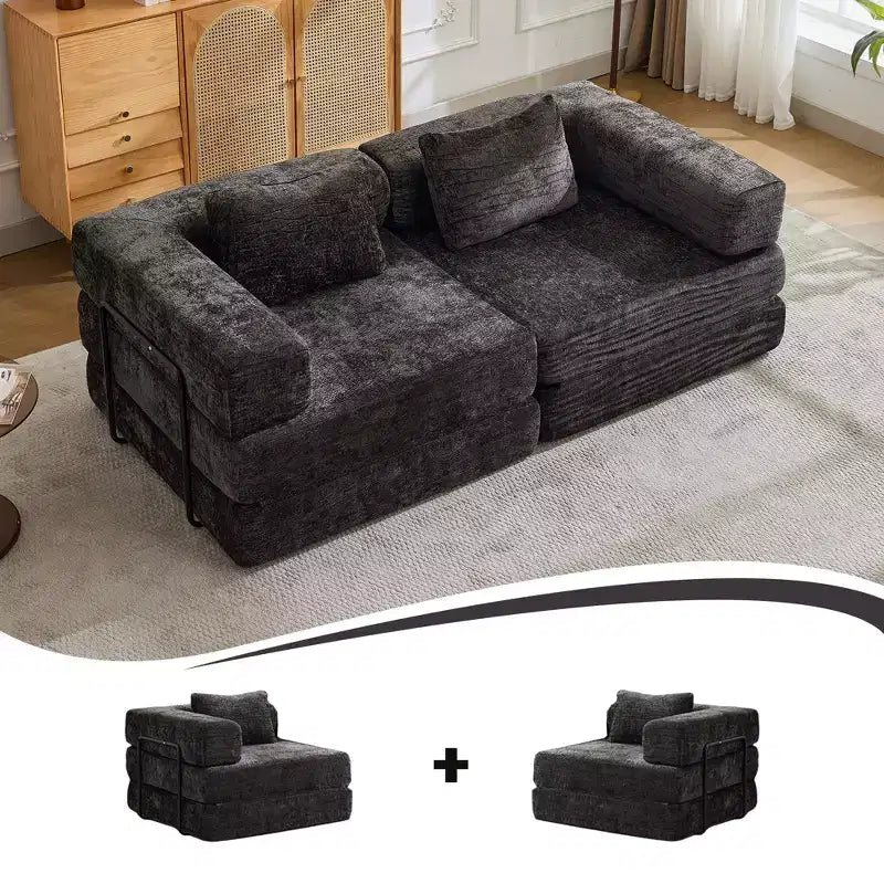 Canapé-lit convertible au sol Whisen avec cadre fixe, causeuses modulaires sans ossature en tissu chenille