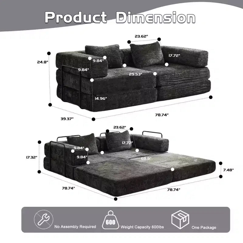 Canapé-lit convertible au sol Whisen avec cadre fixe, causeuses modulaires sans ossature en tissu chenille