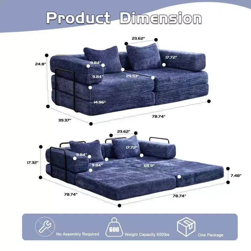 Canapé-lit convertible au sol Whisen avec cadre fixe, causeuses modulaires sans ossature en tissu chenille