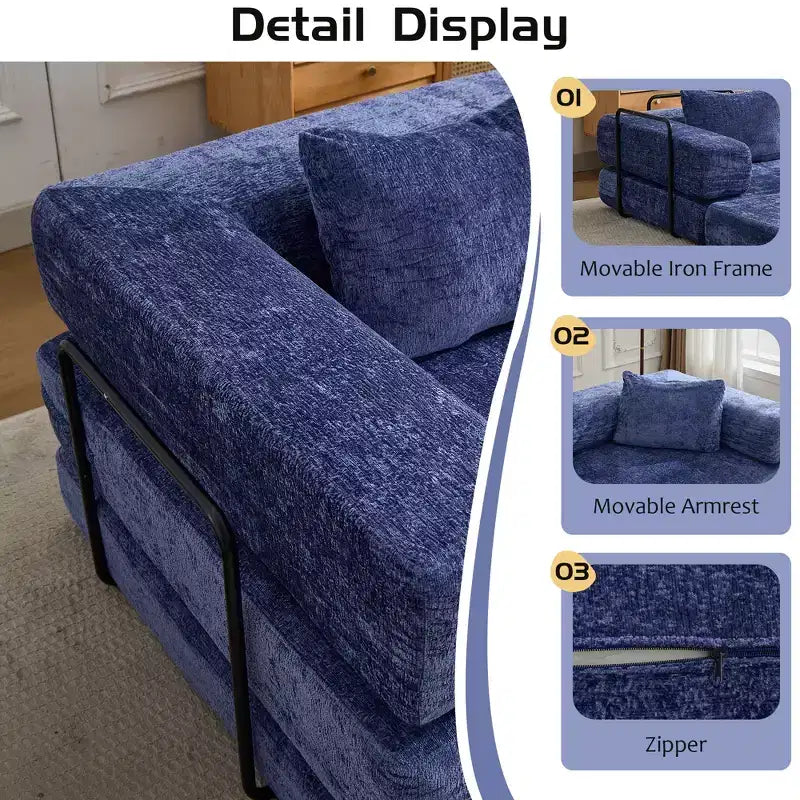 Canapé-lit convertible au sol Whisen avec cadre fixe, causeuses modulaires sans ossature en tissu chenille