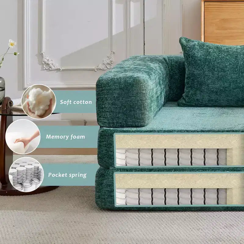 Canapé-lit convertible au sol Whisen avec cadre fixe, causeuses modulaires sans ossature en tissu chenille