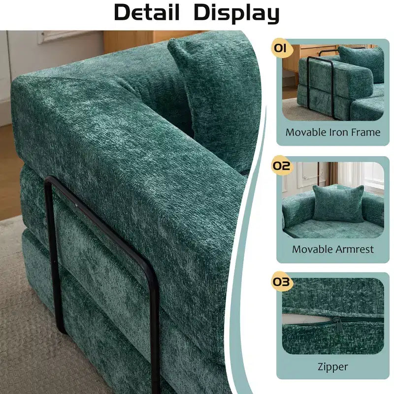 Canapé-lit convertible au sol Whisen avec cadre fixe, causeuses modulaires sans ossature en tissu chenille